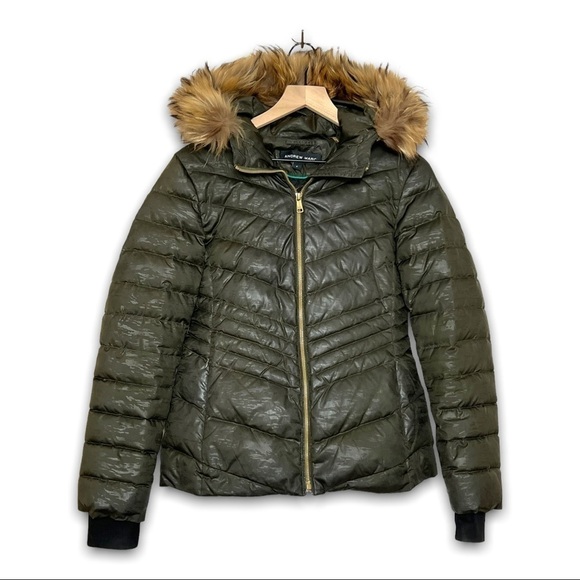 *ANDREW MARC Quilted Down Olive Fur‎ Lined Hood Après-Ski Winter Puffer Coat S - Picture 3 of 7